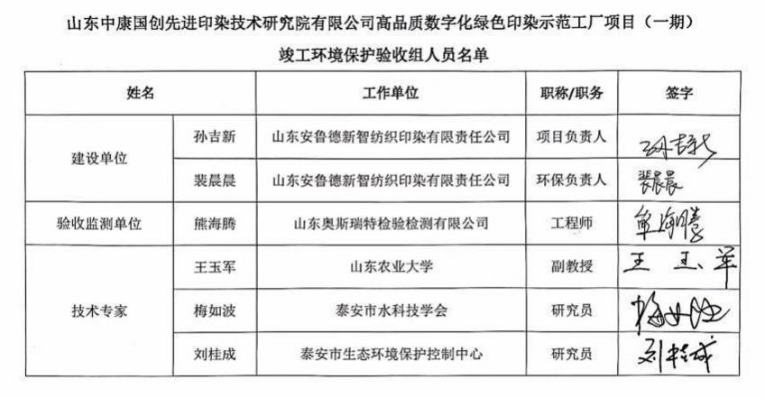 山东中康国创先进印染技术研究院有限公司高品质数字化绿色印染示范工厂项目（一期）竣工环境保护验收意见